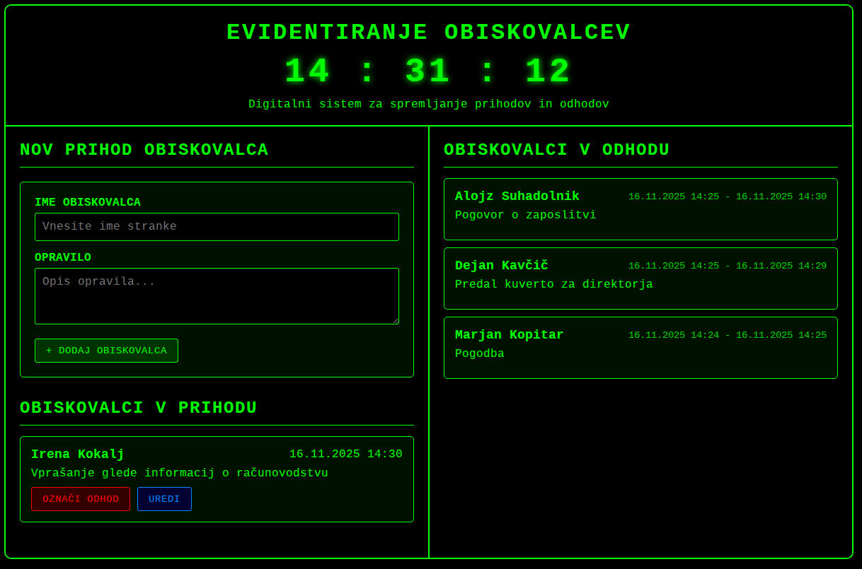 Evidentiranje obiskovalcev (npr. za tajnice)